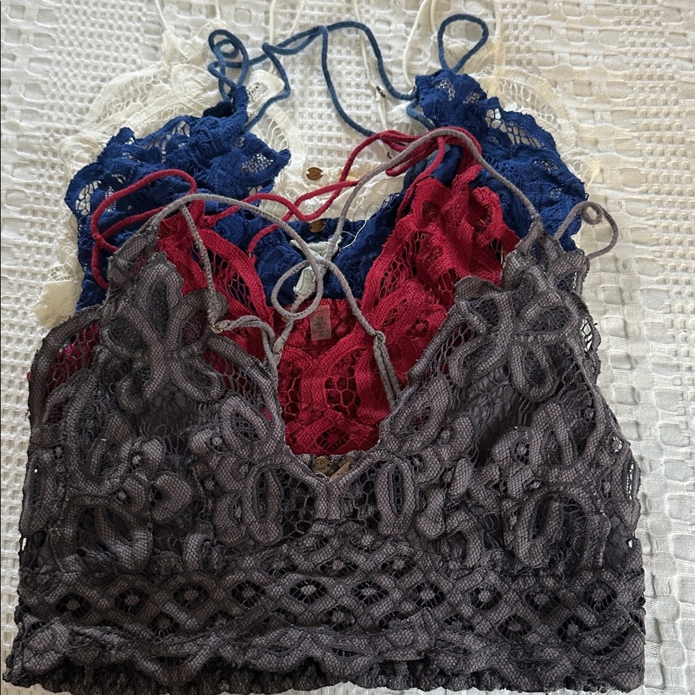 Free People One Red, Blue, White, and Grey Lace Bralettes